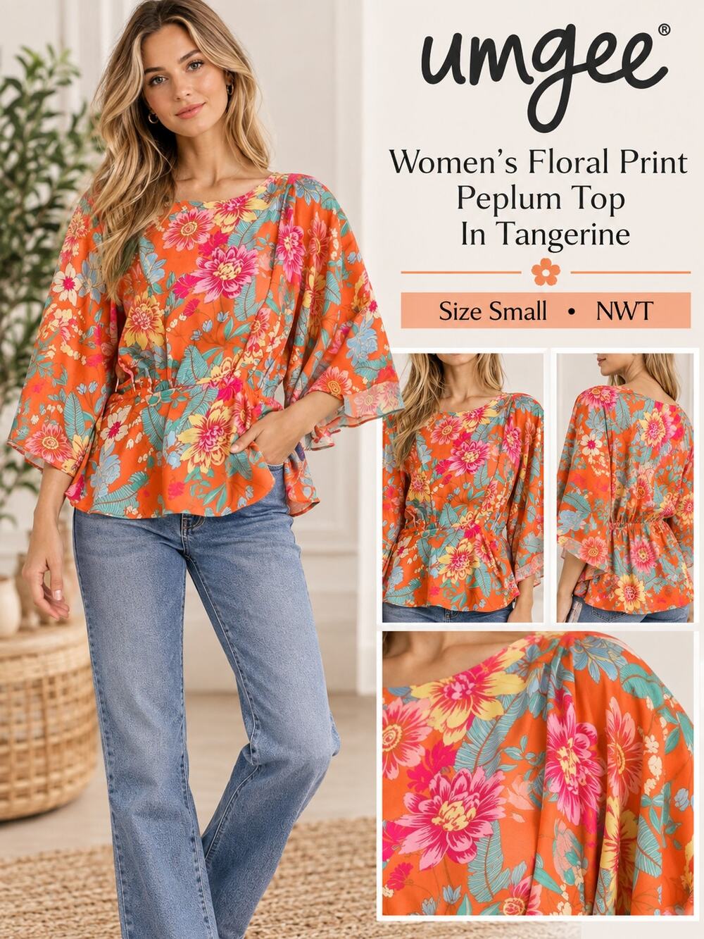 Umgee Women’s Floral Print Peplum Top In Tangerine Small NWT